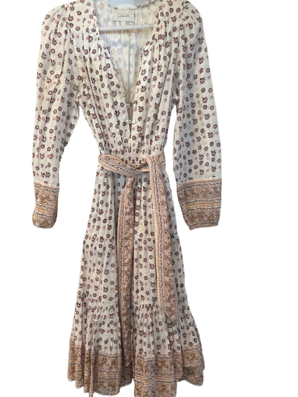Cleo Bella. Tuckernuck.  Ivory Midi Dress with Mauve Floral Print and Tan Border